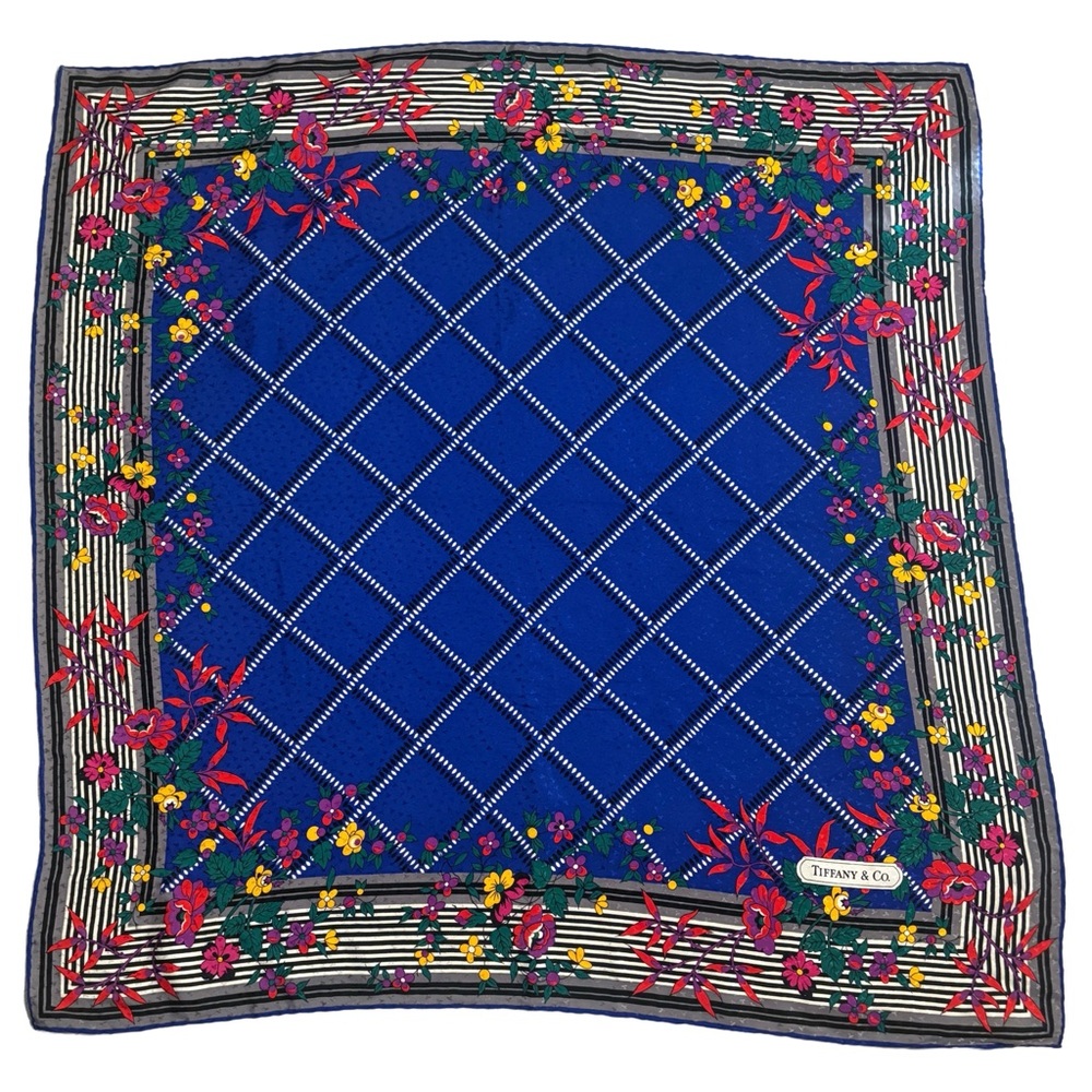 Tiffany & Co. Royal Blue Floral Border Silk Scarf